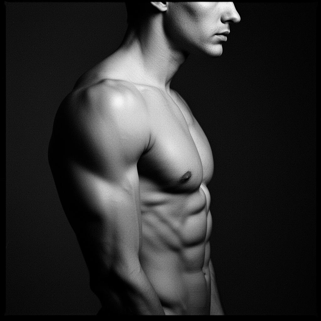 Editorial black-and-white photograph of a lean athlete's torso